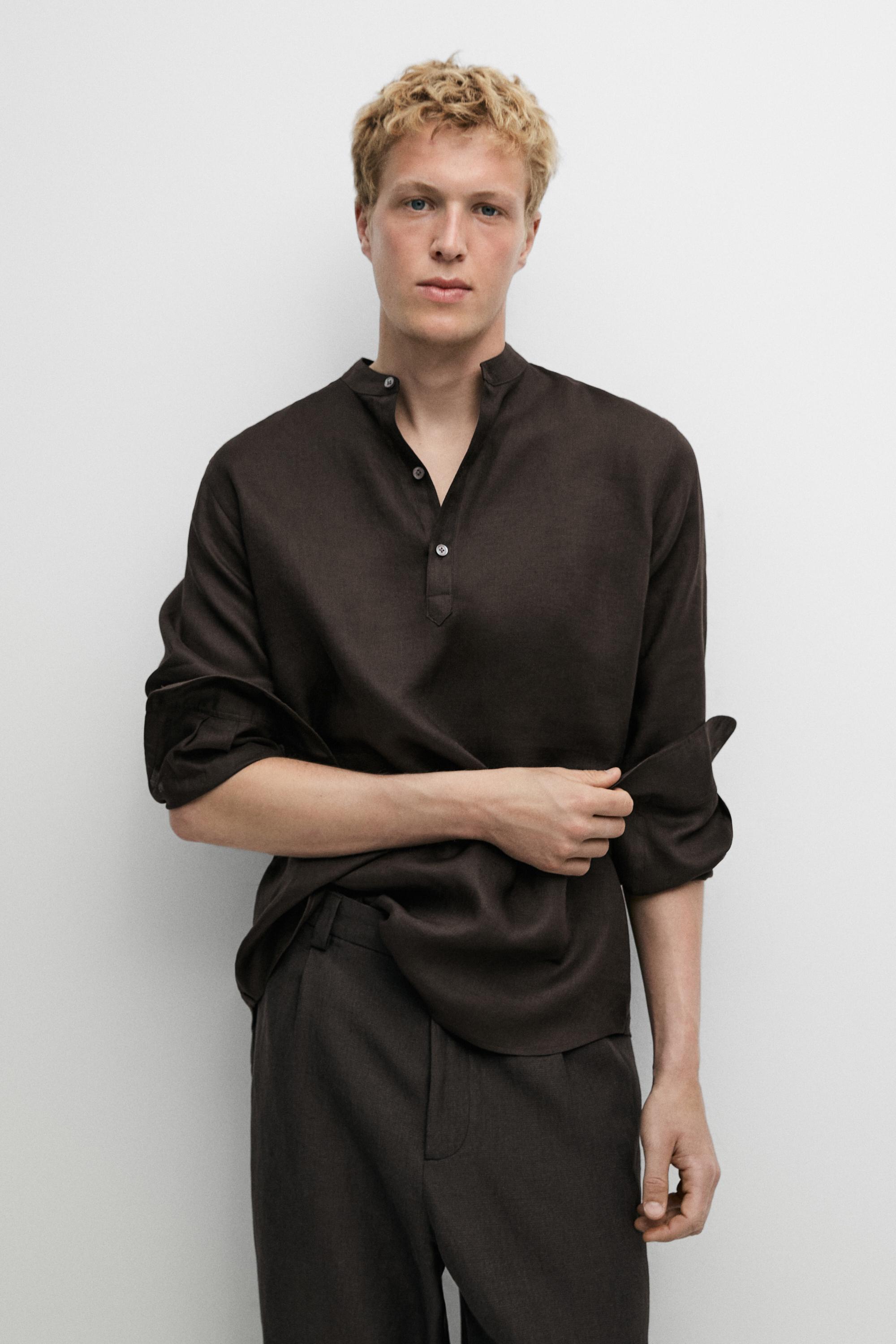Regular fit stand collar 100% linen shirt